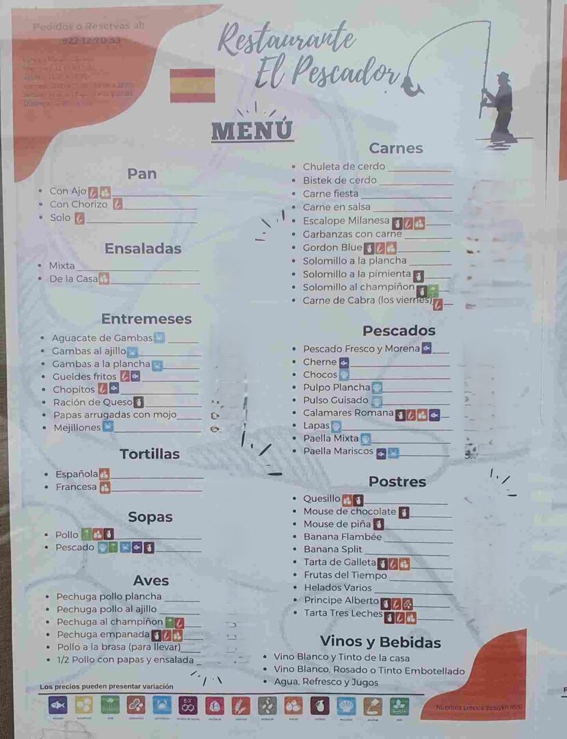 carta Restaurante el pescador